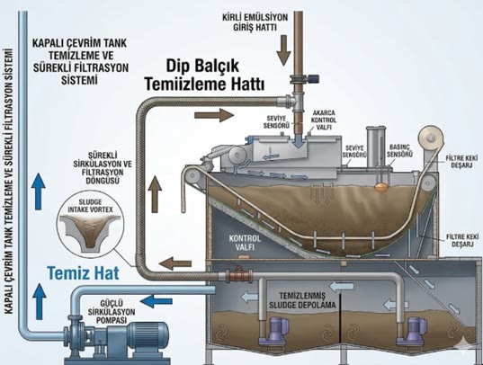 Kapalı çevrim tank temizleme ve sürekli filtrasyon şeması